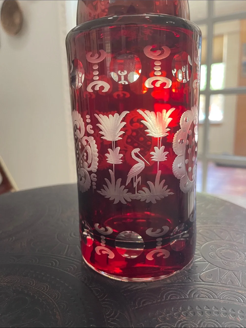 Egermann Ruby Red Etched Glass Decanter and Goblet Set